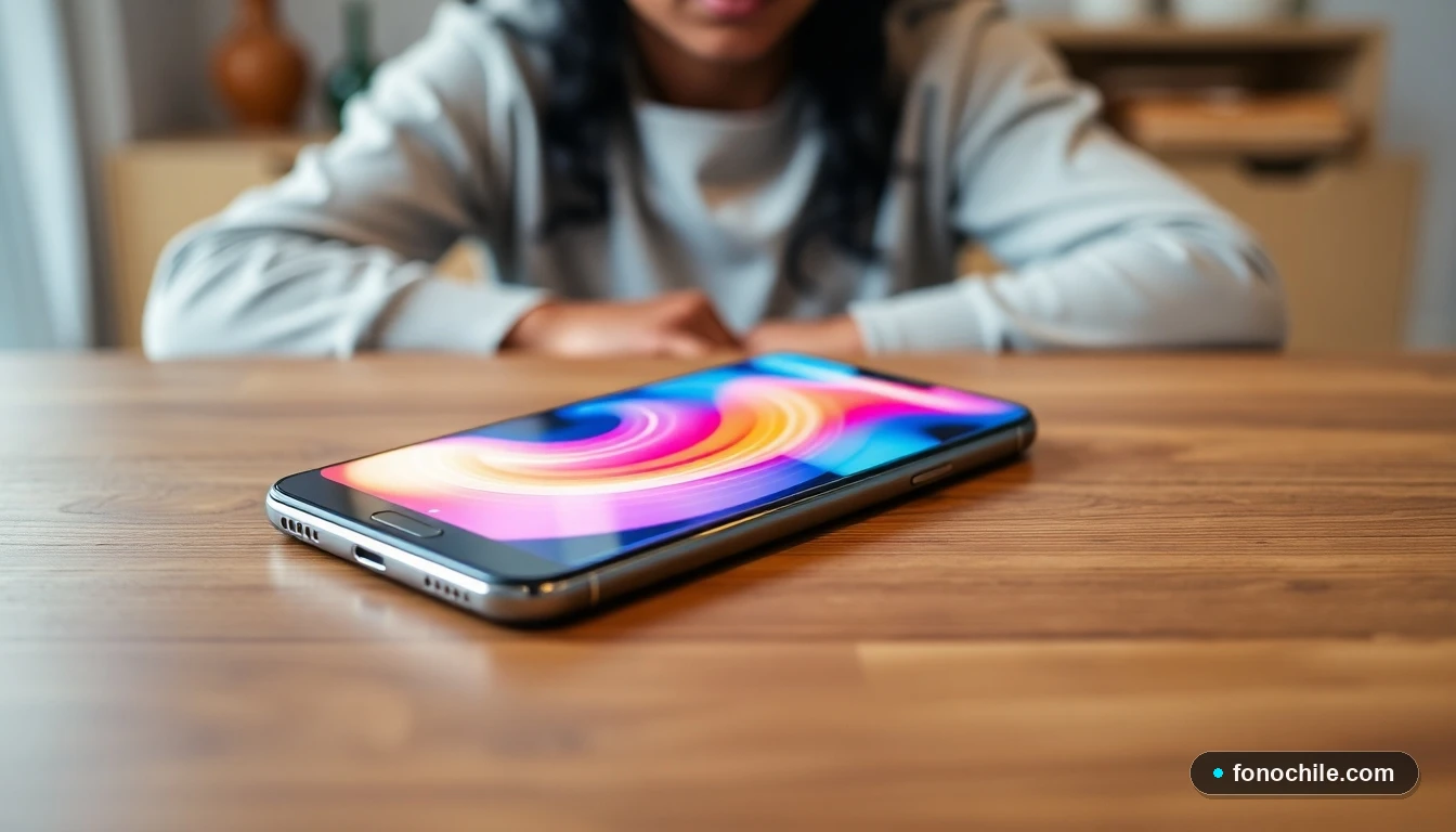 Smartphone mostrando gráfico abstracto de intensidad de señal de red móvil en colores vibrantes sobre una mesa.