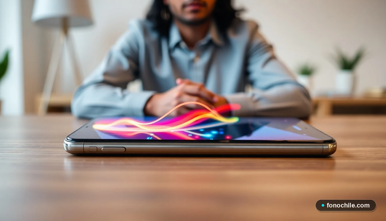 Smartphone mostrando un gráfico abstracto de conectividad de red 5G en una mesa, para solucionar problemas de señal.