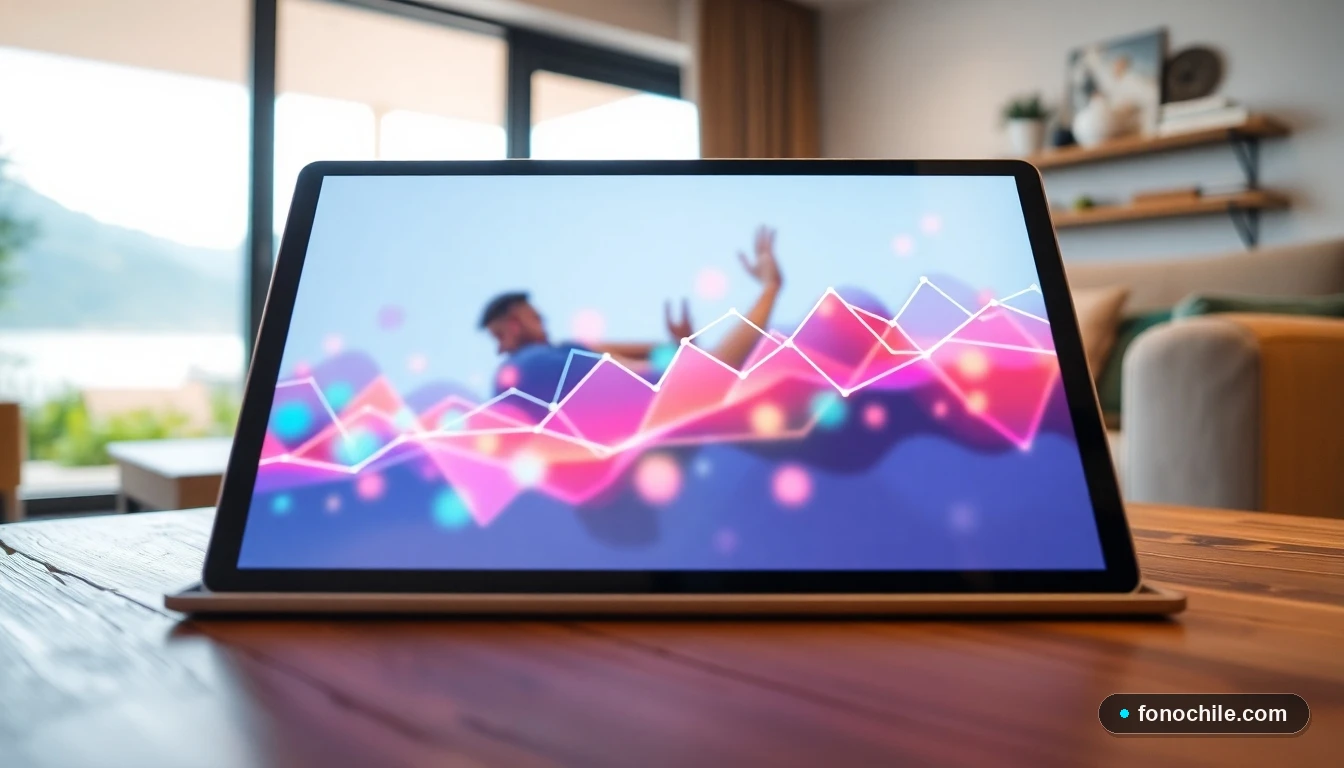 Gráfico abstracto de diagnóstico de red en una tableta mostrando problemas de conexión en un hogar con vista al lago en Pucón.