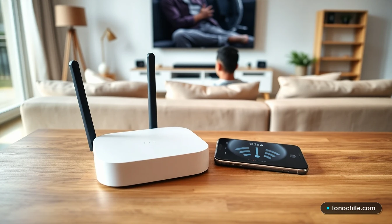 Router y smartphone en una mesa mostrando diagnóstico de velocidad de internet en un hogar moderno en Chile.