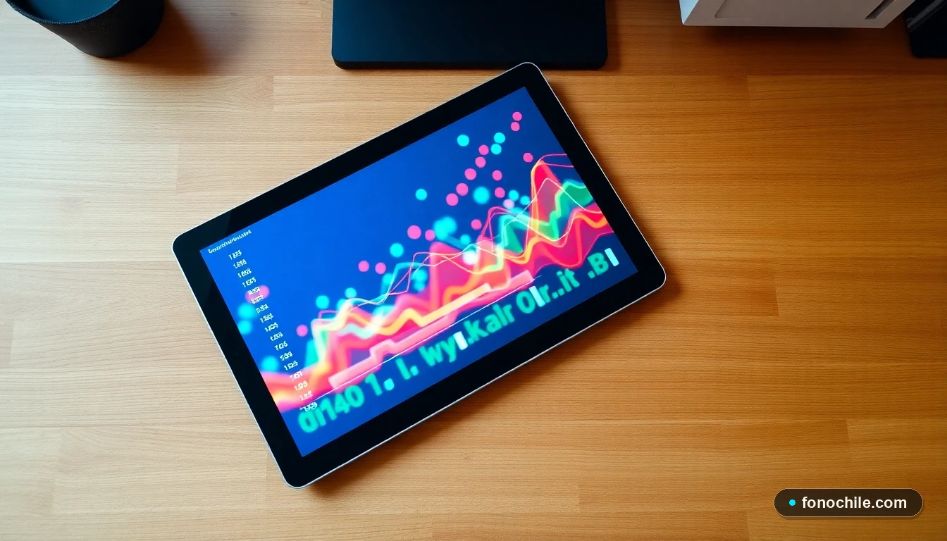 Gráfico abstracto y colorido que representa la optimización de la velocidad de internet en una tableta sobre un escritorio.