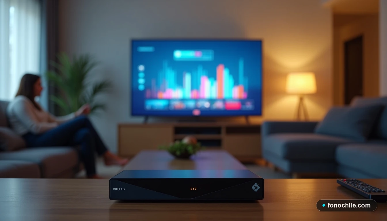 Televisor mostrando gráficos de calidad de señal y decodificador sobre mesa en un living chileno.