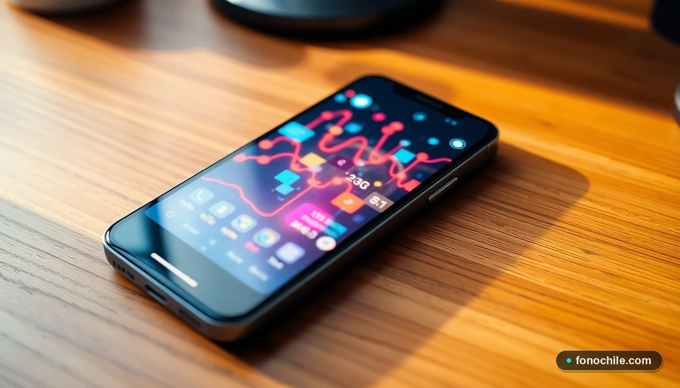 Smartphone mostrando gráficos abstractos de color que representan análisis de señal y conectividad de red móvil.