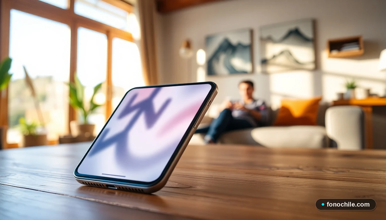 iPhone mostrando gráficos abstractos de señal WiFi en una mesa de living chileno, con problemas de conexión a internet hogar.