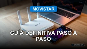 Guía para solucionar problemas de conexión WiFi de Movistar en 2026, con un router moderno sobre una mesa de trabajo.