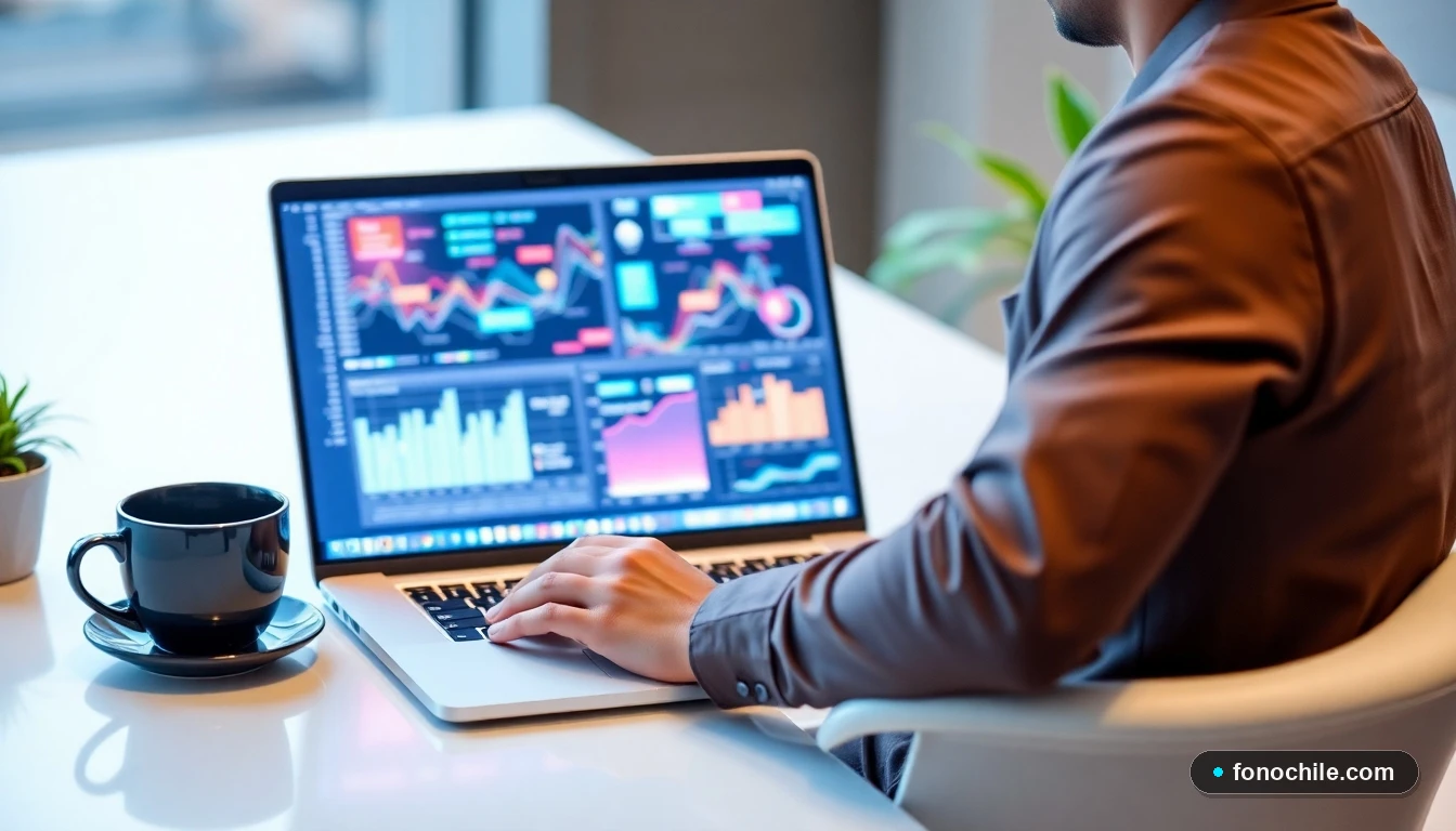 Profesional revisando gráficos de datos y conectividad en un laptop en una oficina moderna en Chile.