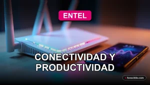 Un router 5G empresarial moderno y un teléfono inteligente de alta gama, ambos con luces LED azules y rosadas, descansan sobre una mesa de madera clara con gráficos abstractos de conectividad en las pantallas.