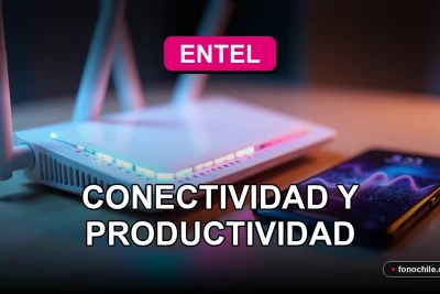 Un router 5G empresarial moderno y un teléfono inteligente de alta gama, ambos con luces LED azules y rosadas, descansan sobre una mesa de madera clara con gráficos abstractos de conectividad en las pantallas.