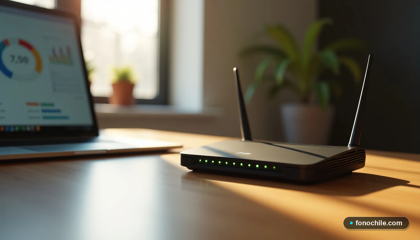 Vista amplia de un escritorio de oficina moderno con un portátil y un router 5G empresarial, iluminado por luz natural cálida.