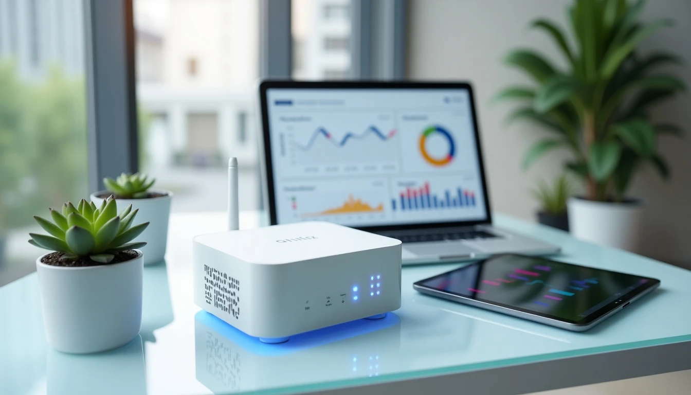 Soluciones de conectividad empresarial Entel 2026: router, tablet y planos sobre escritorio moderno.