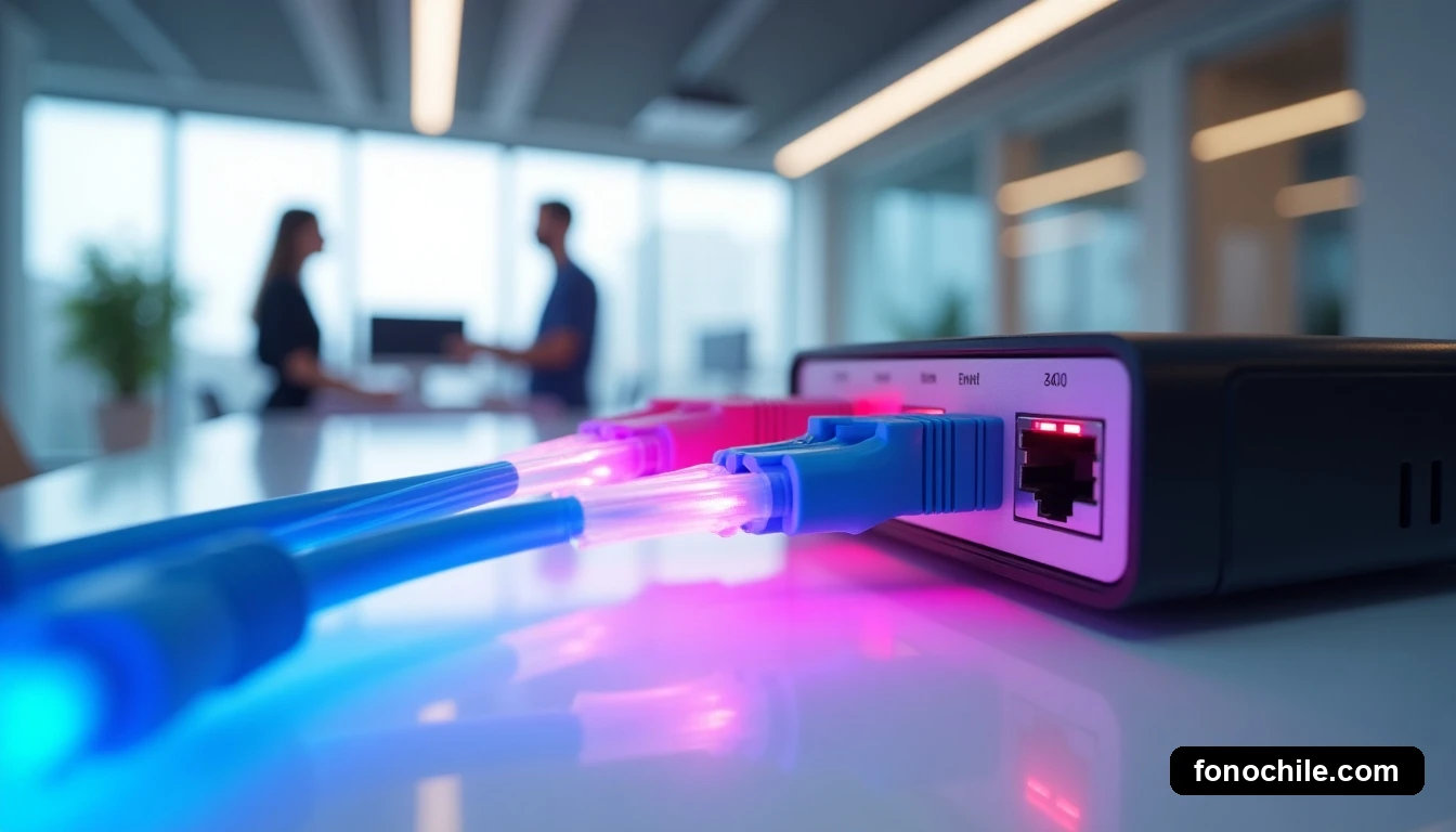 Detalle de cableado de fibra óptica iluminado y router moderno en una oficina corporativa con diseño minimalista.