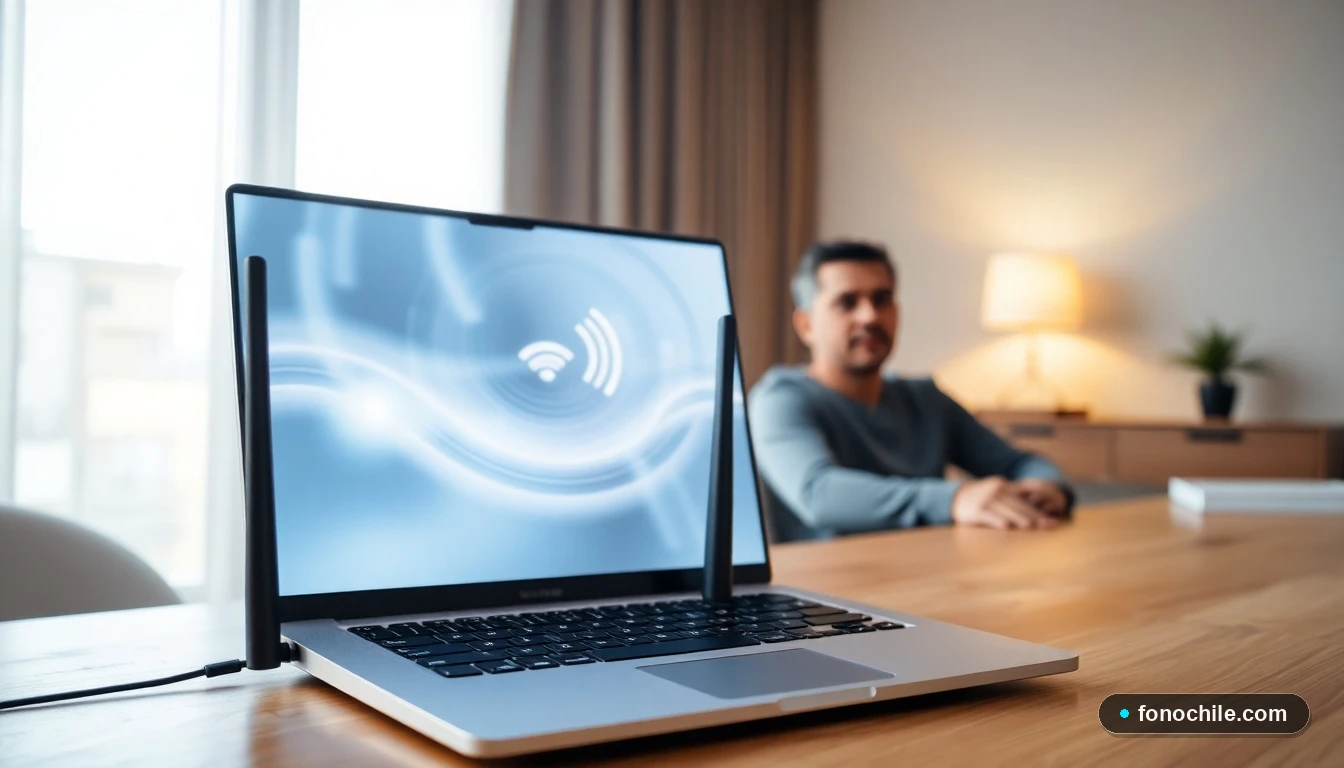 Router WiFi moderno y laptop mostrando gráficos de señal en un escritorio doméstico para optimizar la conexión de internet.