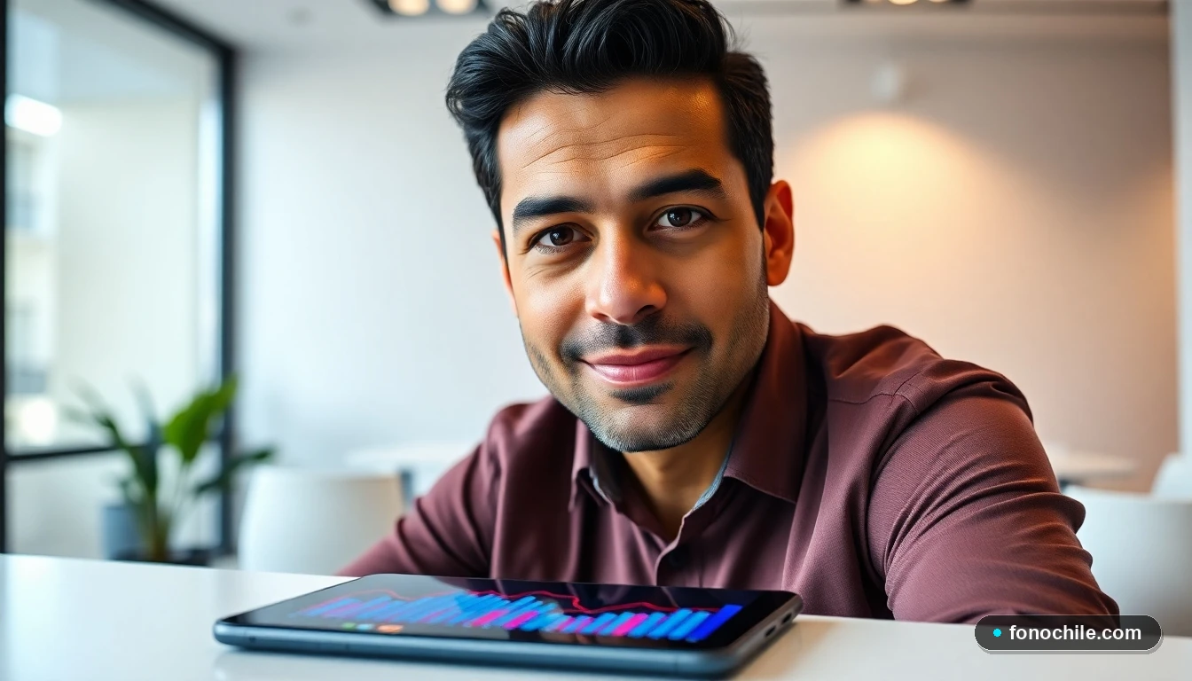 Agente de Sonorad Chile en su oficina, con dispositivos mostrando datos de servicio al cliente