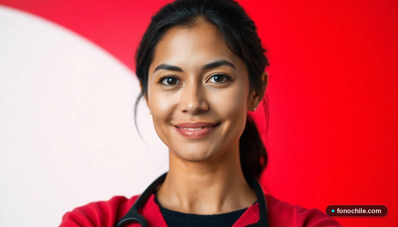 Primer plano de la asesora de Audiomúsica, con expresión amable y profesional, sobre fondo degradado corporativo.