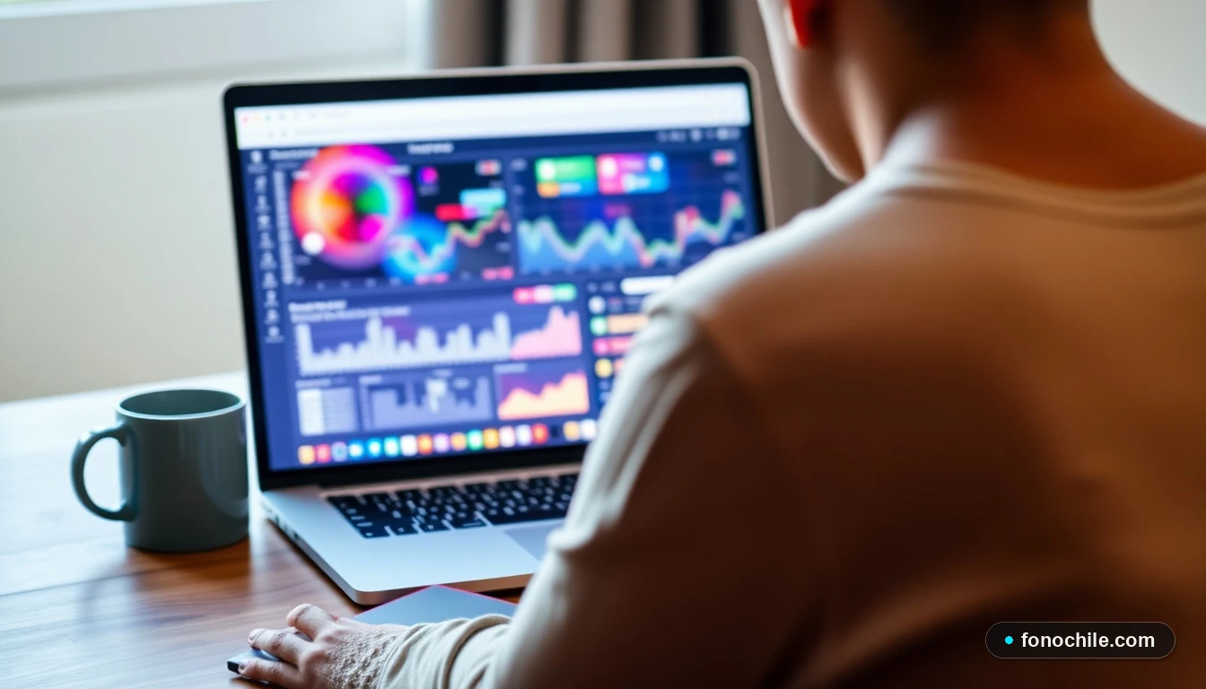 Laptop mostrando gráficos abstractos de rendimiento de red en un escritorio moderno, concepto de soporte técnico y diagnóstico.