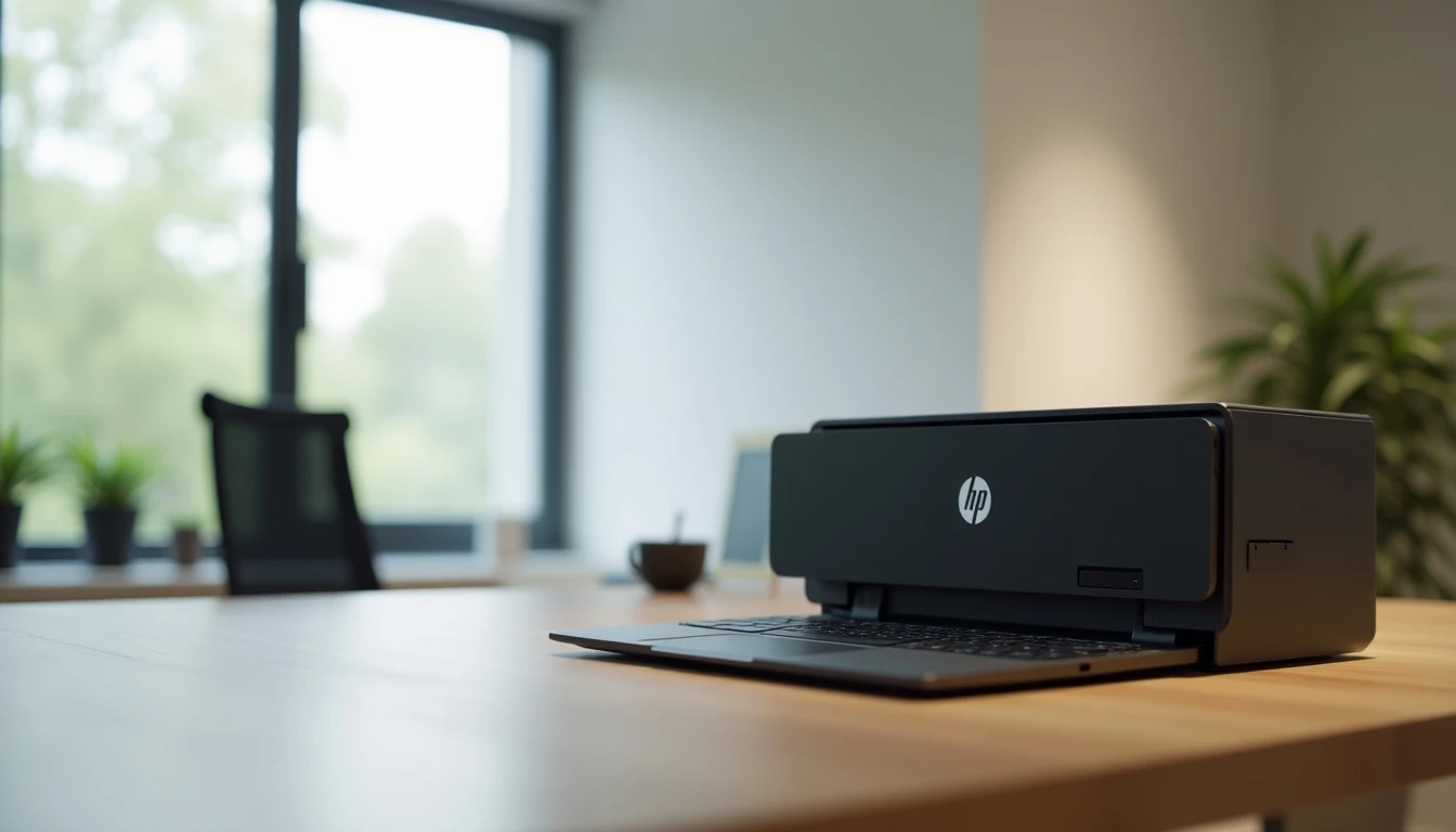 Laptop y impresora HP en oficina moderna con soporte técnico al alcance