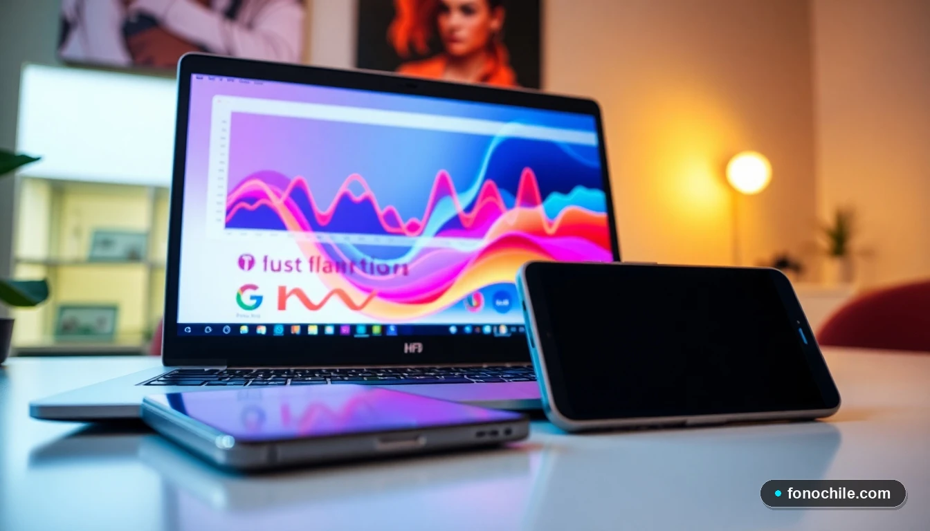 Laptop y smartphone HP en mesa, mostrando gráficos abstractos, representando diagnóstico técnico y soporte.