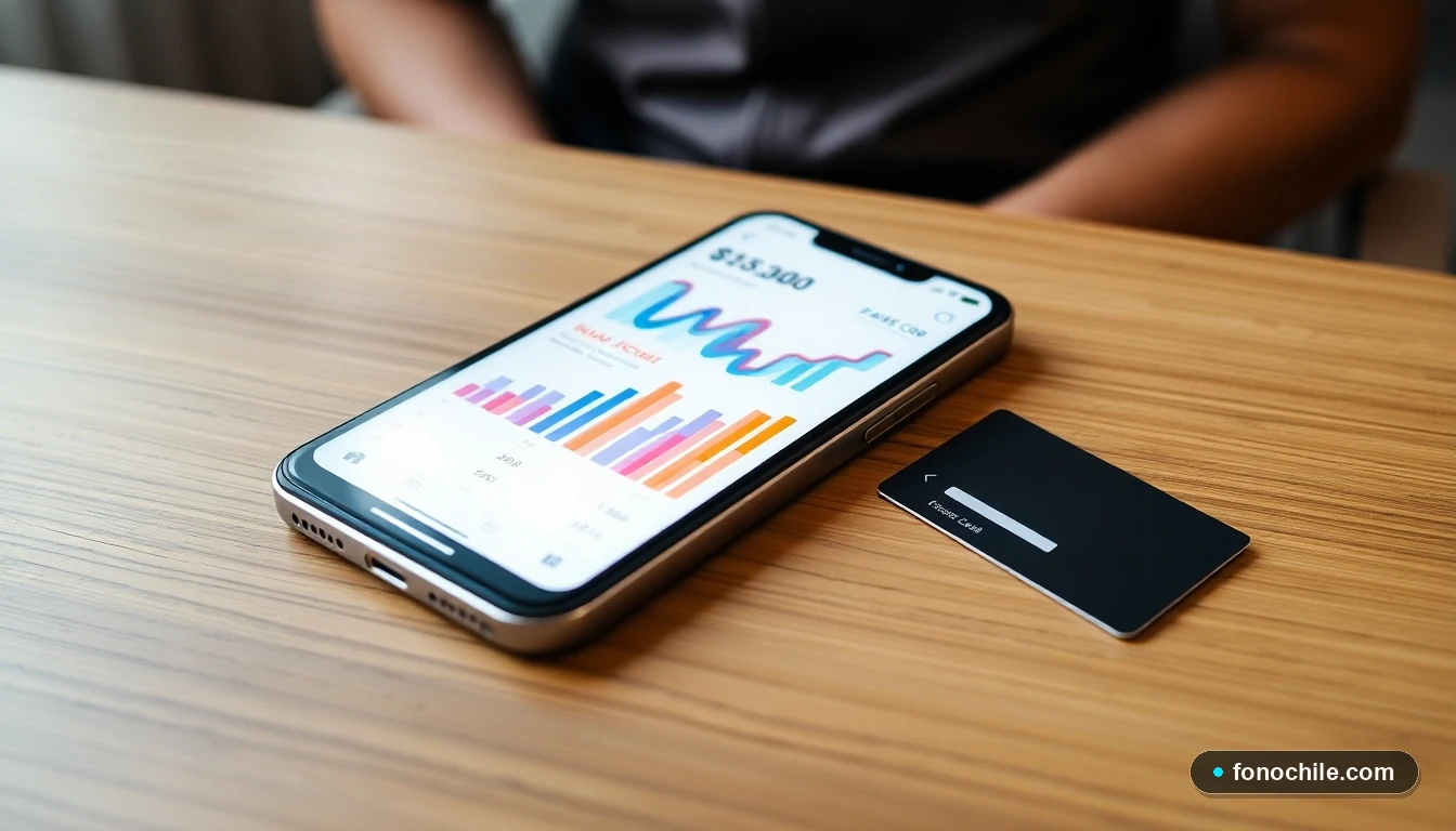 Smartphone mostrando gráficos abstractos de datos junto a una tarjeta de crédito sobre una mesa de madera.