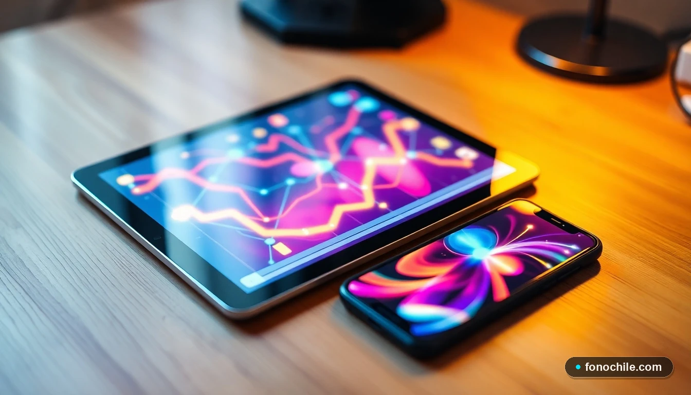 Tablet y smartphone mostrando visualizaciones abstractas de redes y conectividad en un escritorio.