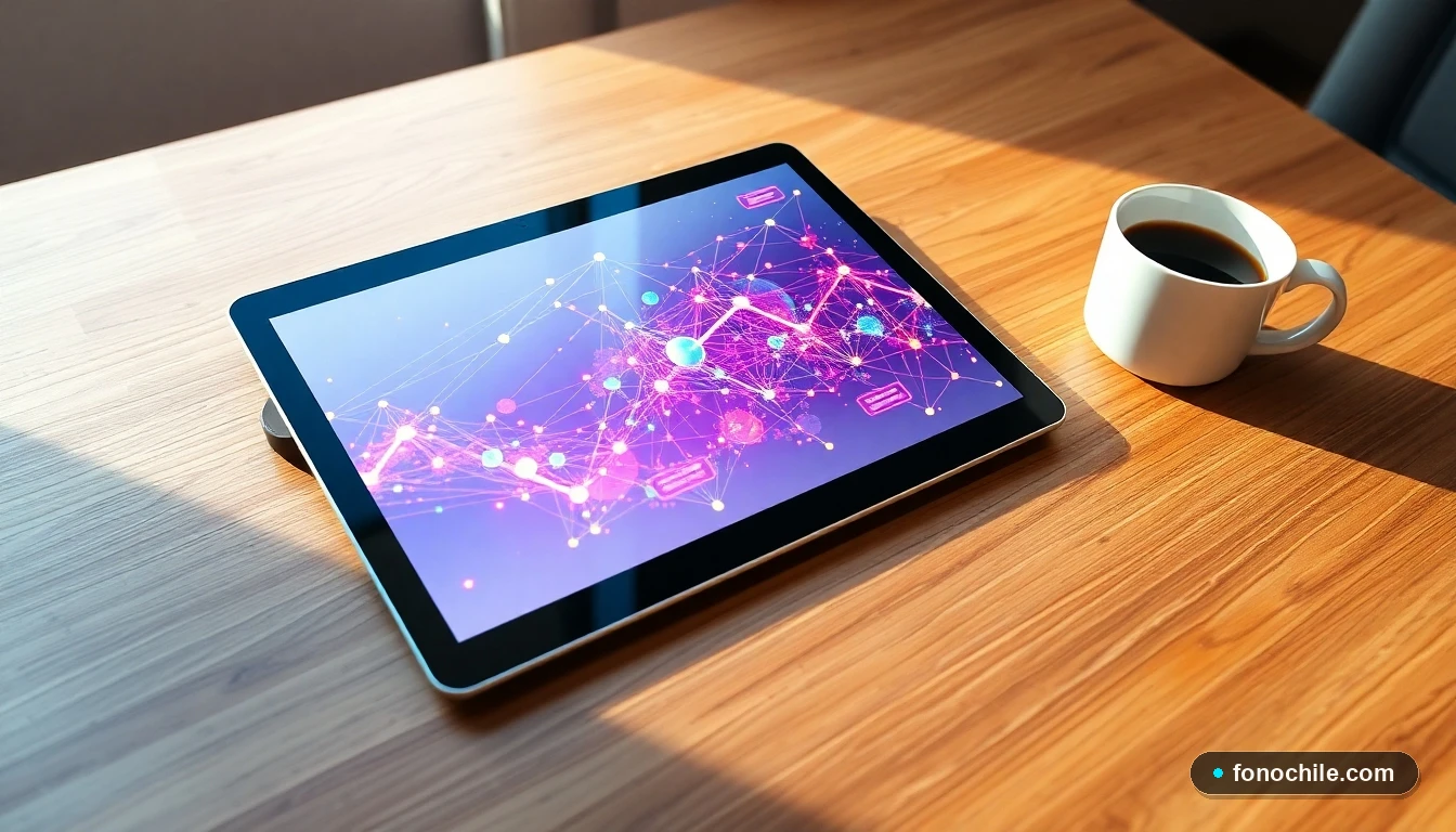 Gráfico abstracto y colorido que representa la conectividad de red y el soporte técnico digital en una tableta.