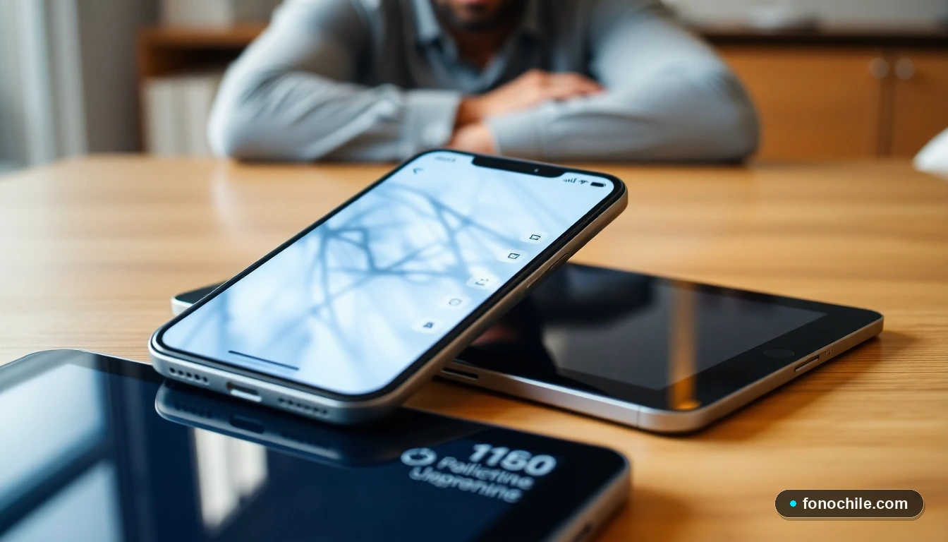 Smartphone en mesa mostrando interfaz de diagnóstico técnico abstracta en un entorno de oficina moderna.