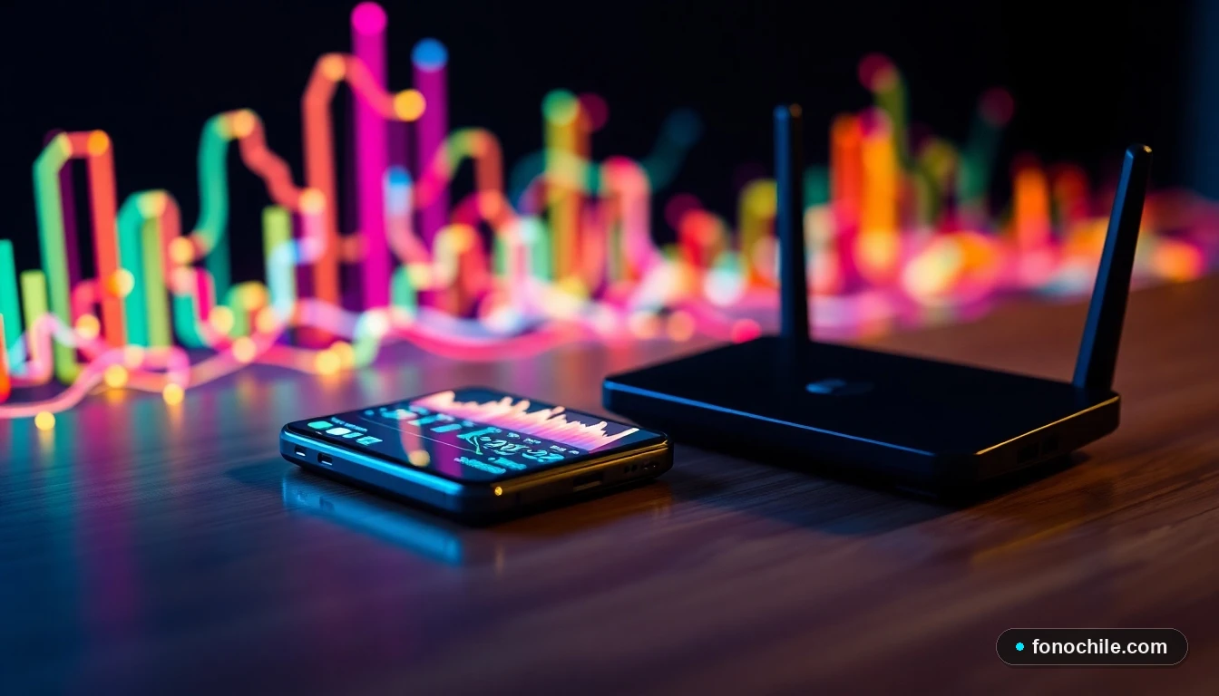 Visualización abstracta de flujo de datos y conectividad de red para soporte técnico, con dispositivos sobre una mesa.