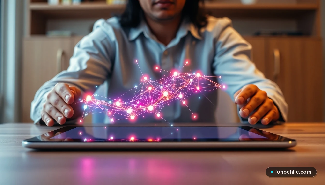 Gráfico abstracto de conectividad de red en una tablet, representando la solución de problemas técnicos de internet.