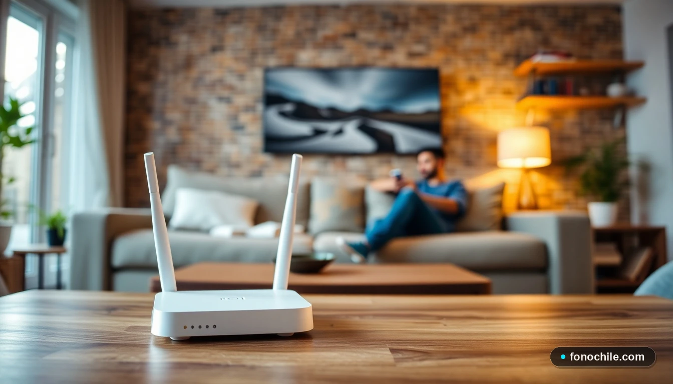 Dispositivos de hogar conectados en una mesa mostrando una configuración de internet y televisión moderna.