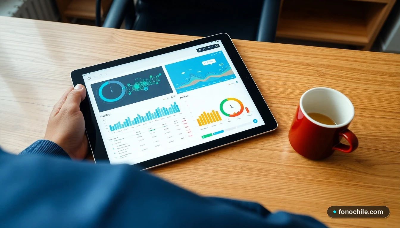 Tableta mostrando gráficos abstractos de redes y señal para representar el soporte técnico de telecomunicaciones en Chile.