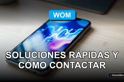 Soporte técnico de WOM 2026, representado por un teléfono inteligente moderno mostrando gráficos abstractos de colores sobre una mesa de trabajo minimalista.
