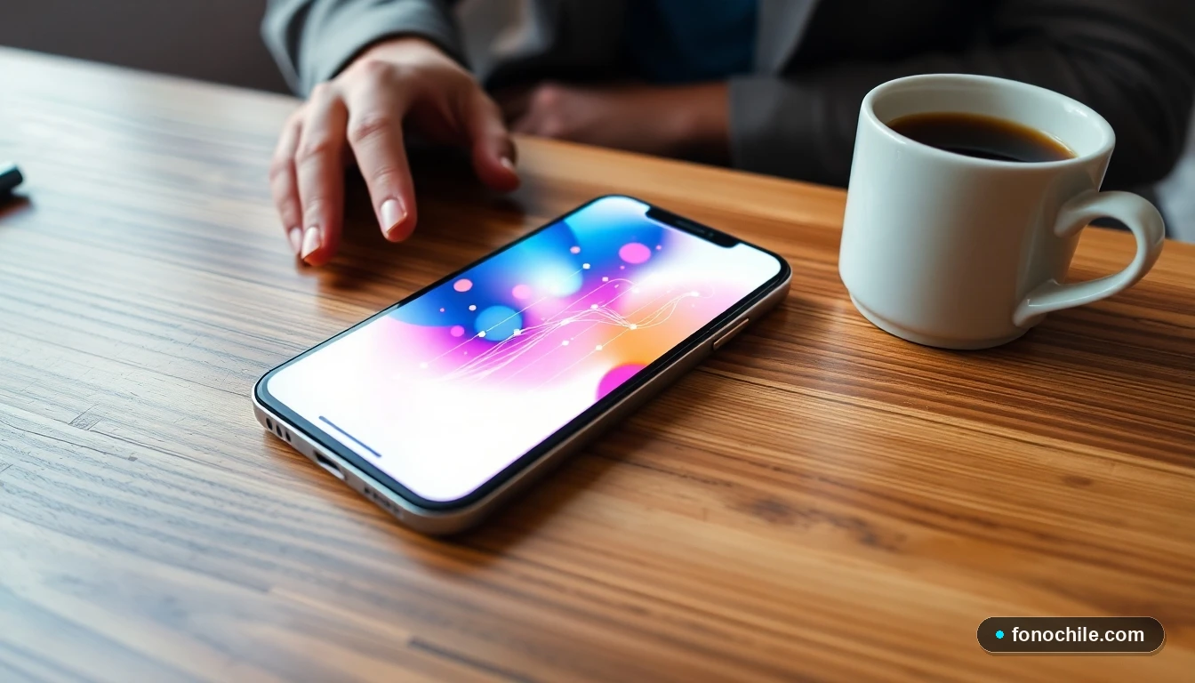 Smartphone mostrando gráfico de conectividad de red en la mesa, representando el soporte técnico de servicios móviles.