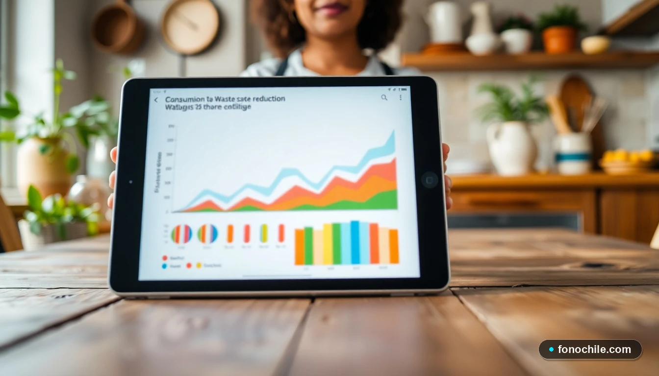 Gráficos abstractos de colores mostrando datos de sostenibilidad en una cocina moderna en Chile.