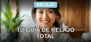 Una mujer latina sonríe suavemente en un spa moderno, rodeada de plantas y luz natural, representando el bienestar y la relajación.