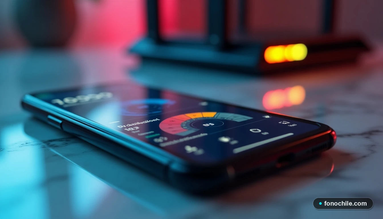 Vista aérea de un router y un teléfono inteligente modernos sobre una mesa de mármol, mostrando visualizaciones abstractas de velocidad de internet.