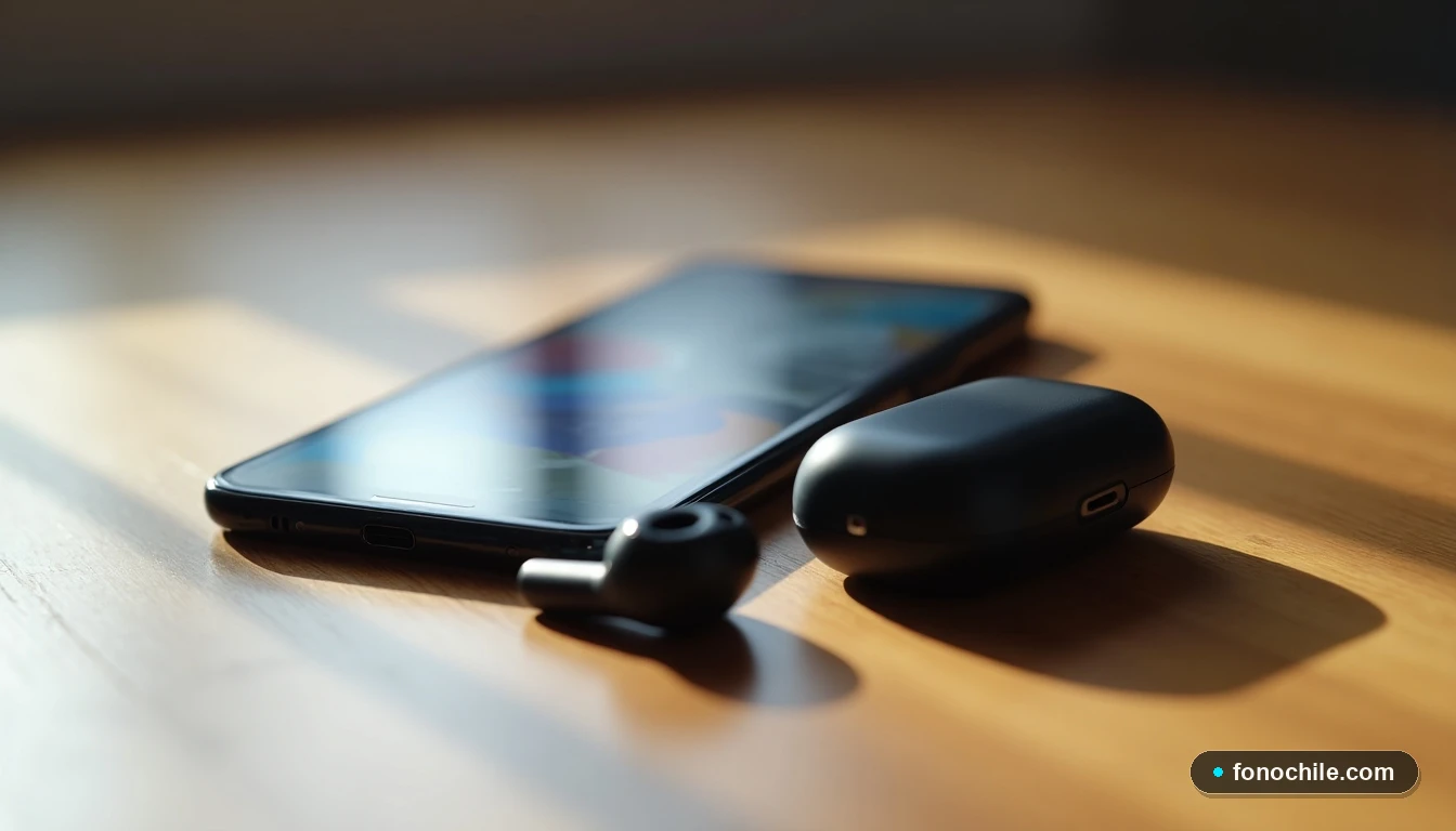 Primer plano de auriculares inalámbricos y su estuche de carga abierto sobre una mesa de madera, con un teléfono inteligente al fondo mostrando una interfaz de colores suaves y difusos.