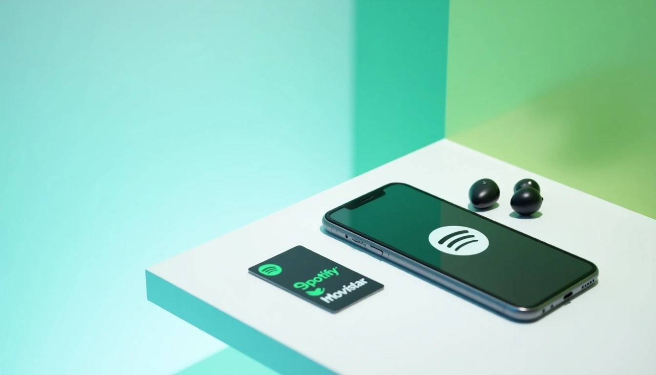 Smartphone con Spotify y auriculares junto a tarjeta SIM Movistar en escritorio moderno.