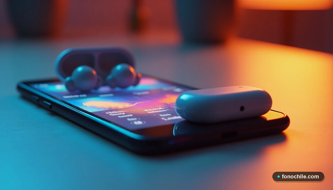 Detalle de smartphone y auriculares inalámbricos con pantalla mostrando gráficos de colores, plan Spotify Premium Movistar.