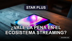 Una tableta y un smartphone modernos en una mesa de madera, mostrando gráficos abstractos de colores, representando el servicio de streaming Star Plus en Chile.