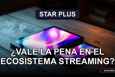 Una tableta y un smartphone modernos en una mesa de madera, mostrando gráficos abstractos de colores, representando el servicio de streaming Star Plus en Chile.