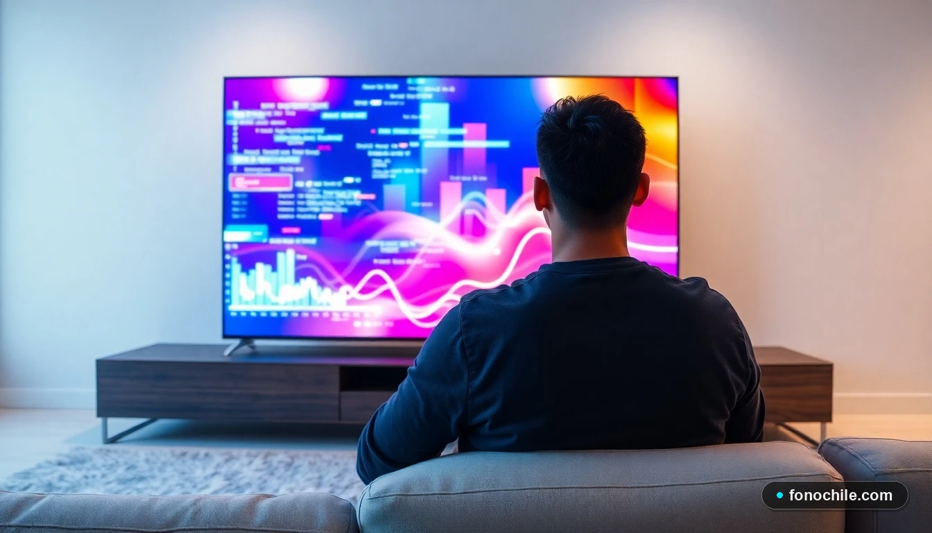 Pantalla de TV moderna mostrando gráficos abstractos de colores en una sala de estar contemporánea, análisis visual de plataformas de streaming.