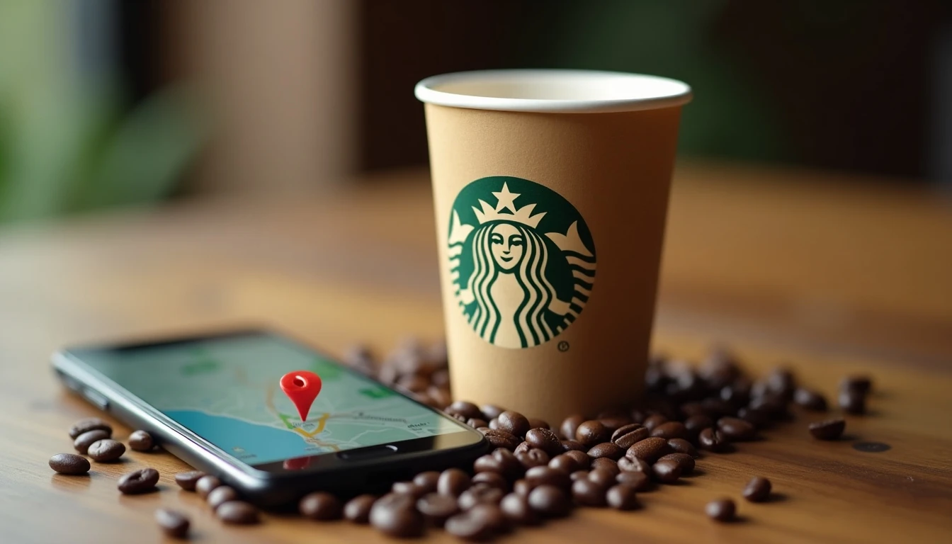 Taza de Starbucks Chile con teléfono inteligente mostrando ubicación de tienda