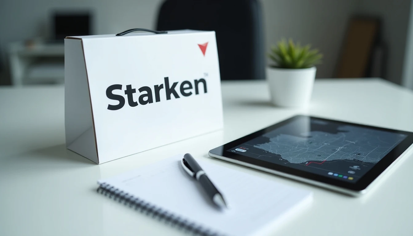 Seguimiento de envío Starken en tablet y paquete logístico en oficina
