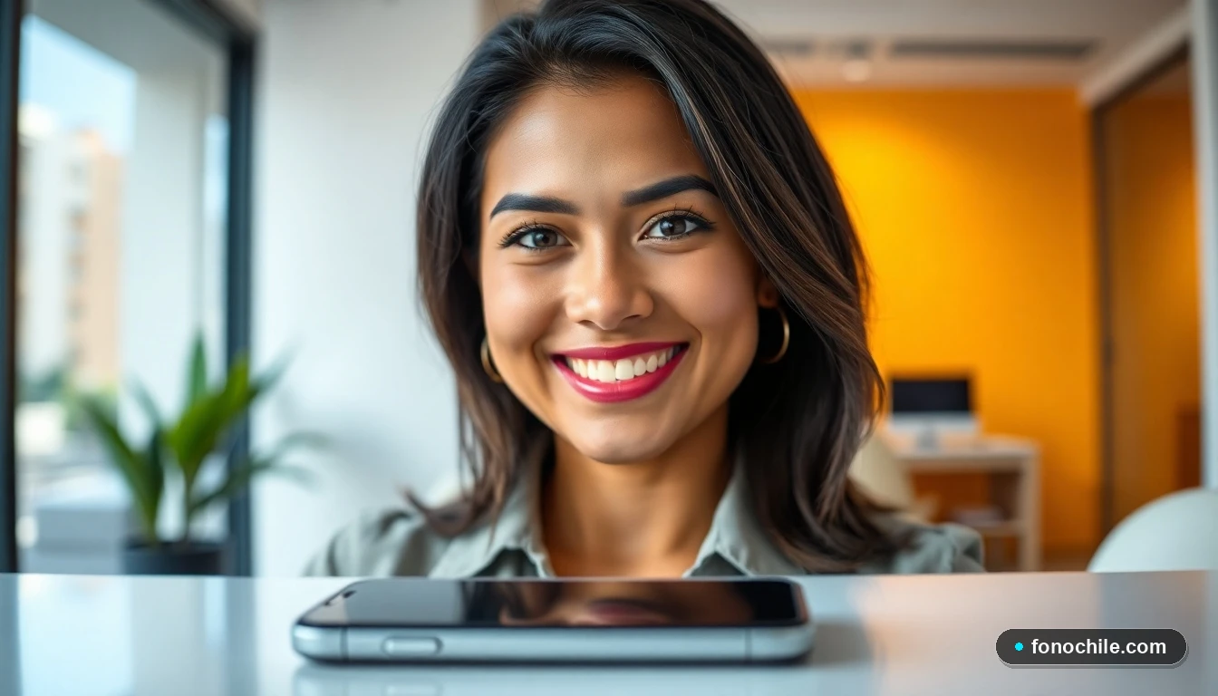 Agente de servicio al cliente de Starken sonriendo, con un teléfono inteligente en primer plano