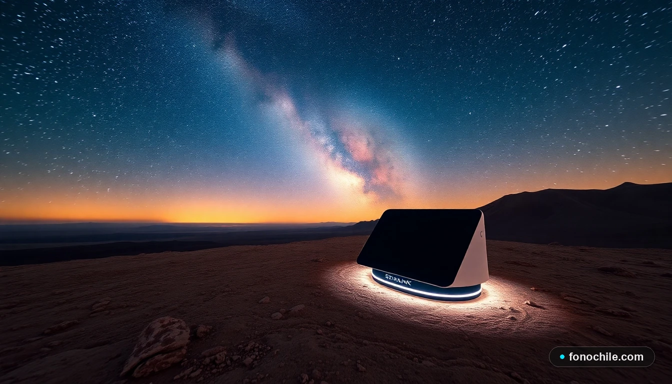 Terminal Starlink en el desierto de Atacama de Chile bajo un cielo estrellado, representando cobertura en zonas remotas.