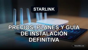 Starlink terminal y router modernos en una mesa de madera con gráficos abstractos en una tablet, representando internet satelital en Chile.