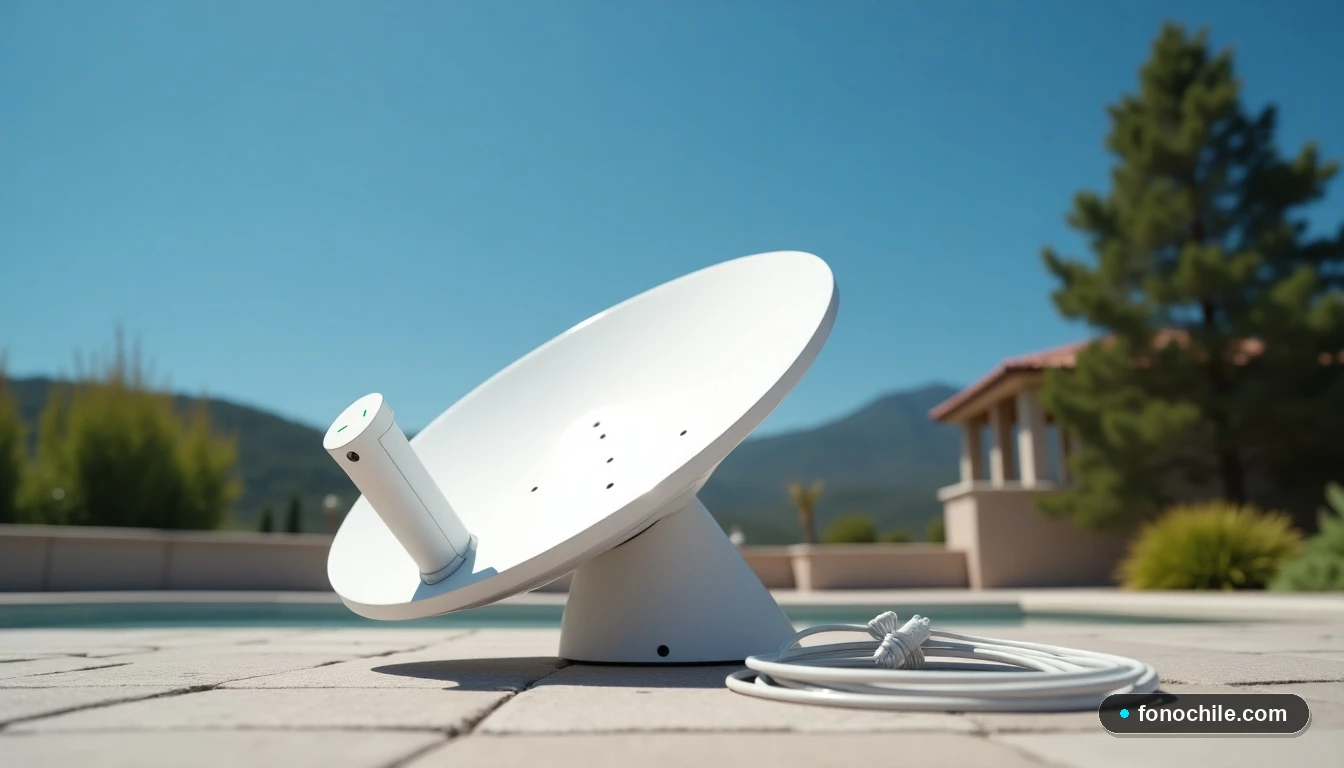 Instalación del terminal Starlink en un patio exterior chileno, apuntando al cielo para conexión satelital.