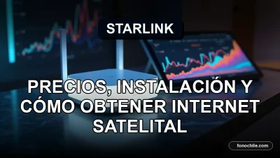 Starlink internet satelital en Chile 2026, router y antena en mesa moderna con gráficos abstractos en pantalla.