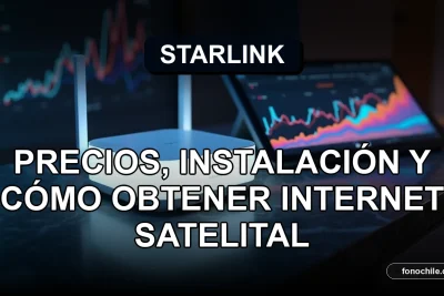 Starlink internet satelital en Chile 2026, router y antena en mesa moderna con gráficos abstractos en pantalla.