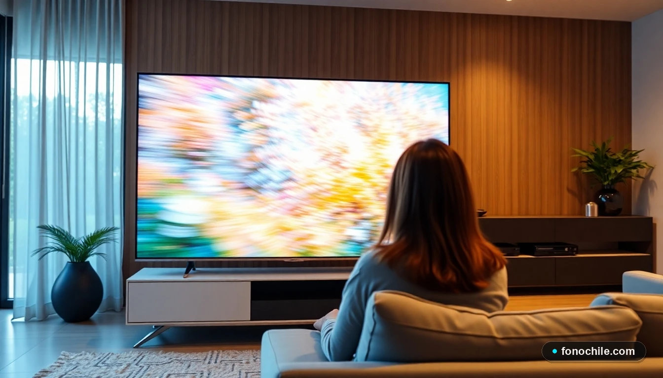 Mujer hispana disfrutando de contenido en streaming 4K en una televisión moderna en su sala de estar en Chile.