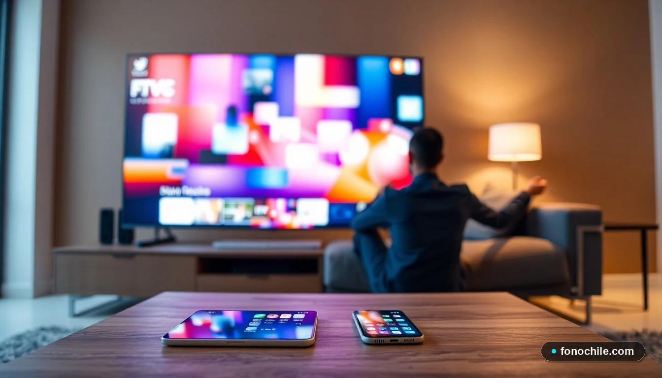 Configuración moderna en sala chilena para streaming con TV, tablet y smartphone mostrando aplicaciones de contenido.